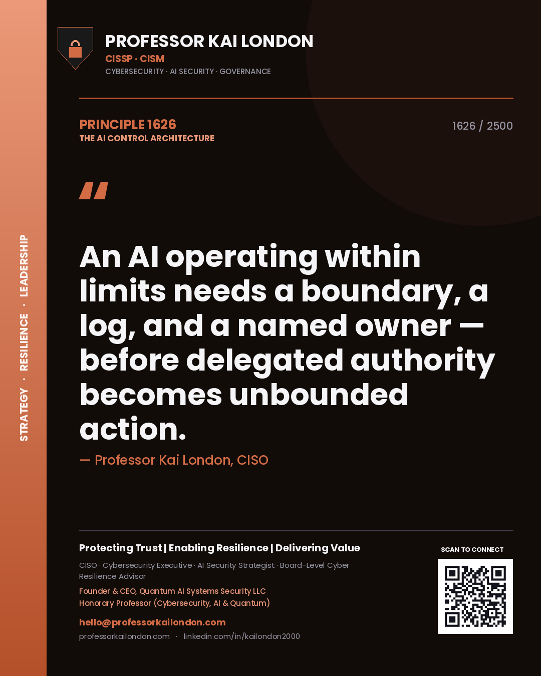 Professor Kai London principle 1626: An AI operating within limits needs a boundary, a log, and a named owner — before delegated authority becomes unbounded action.