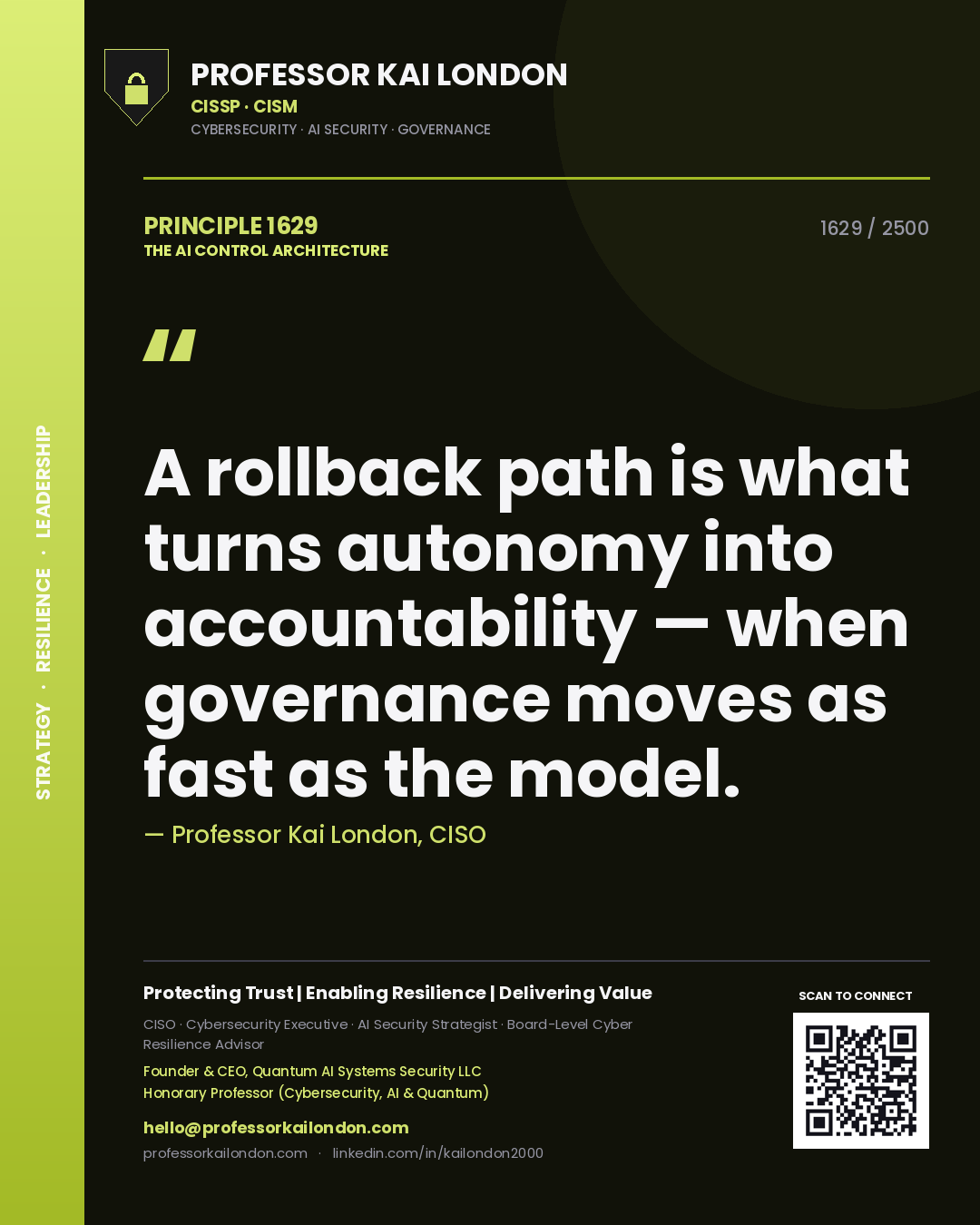 Professor Kai London principle 1629: A rollback path is what turns autonomy into accountability — when governance moves as fast as the model.