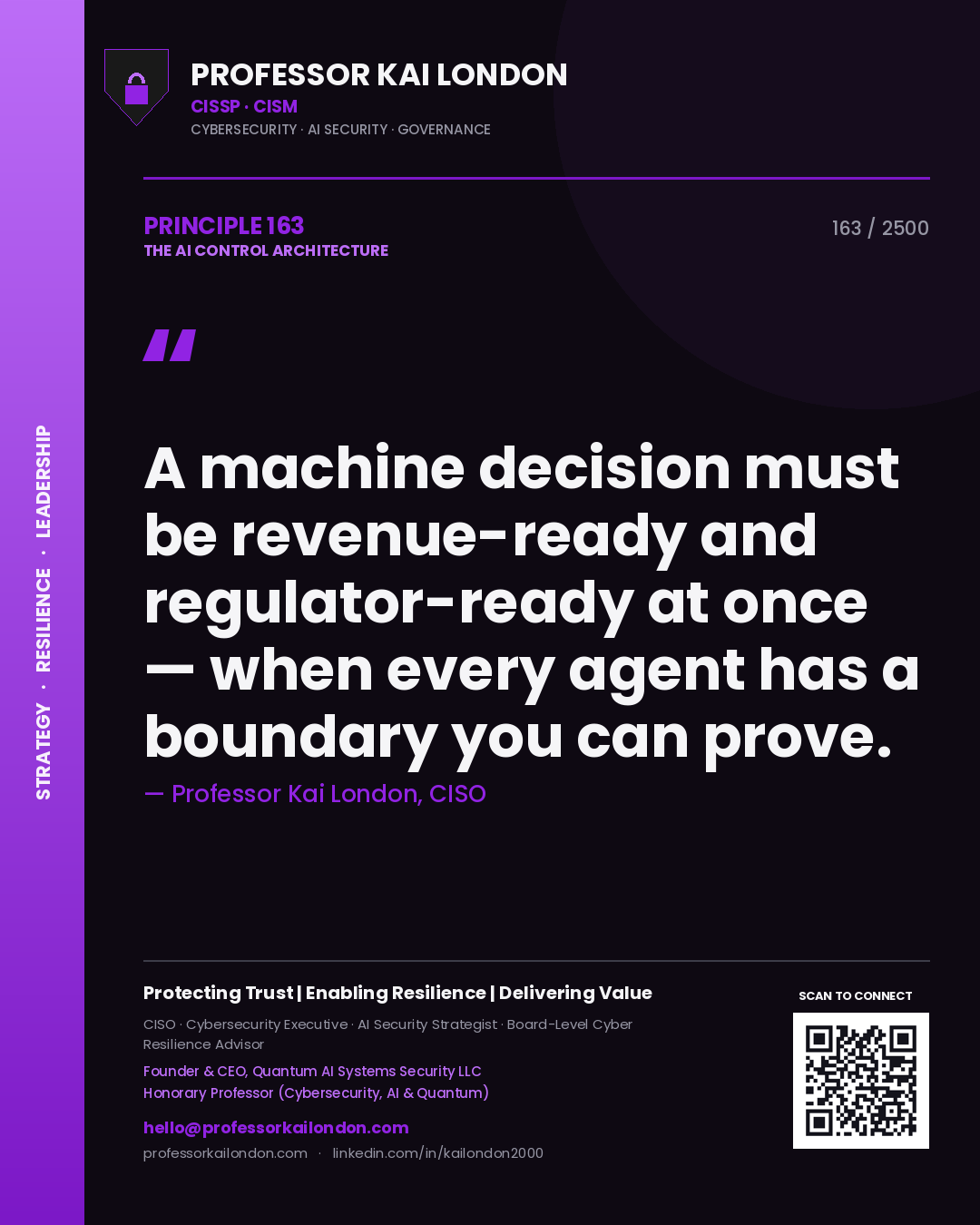 Professor Kai London principle 163: A machine decision must be revenue-ready and regulator-ready at once — when every agent has a boundary you can prove.