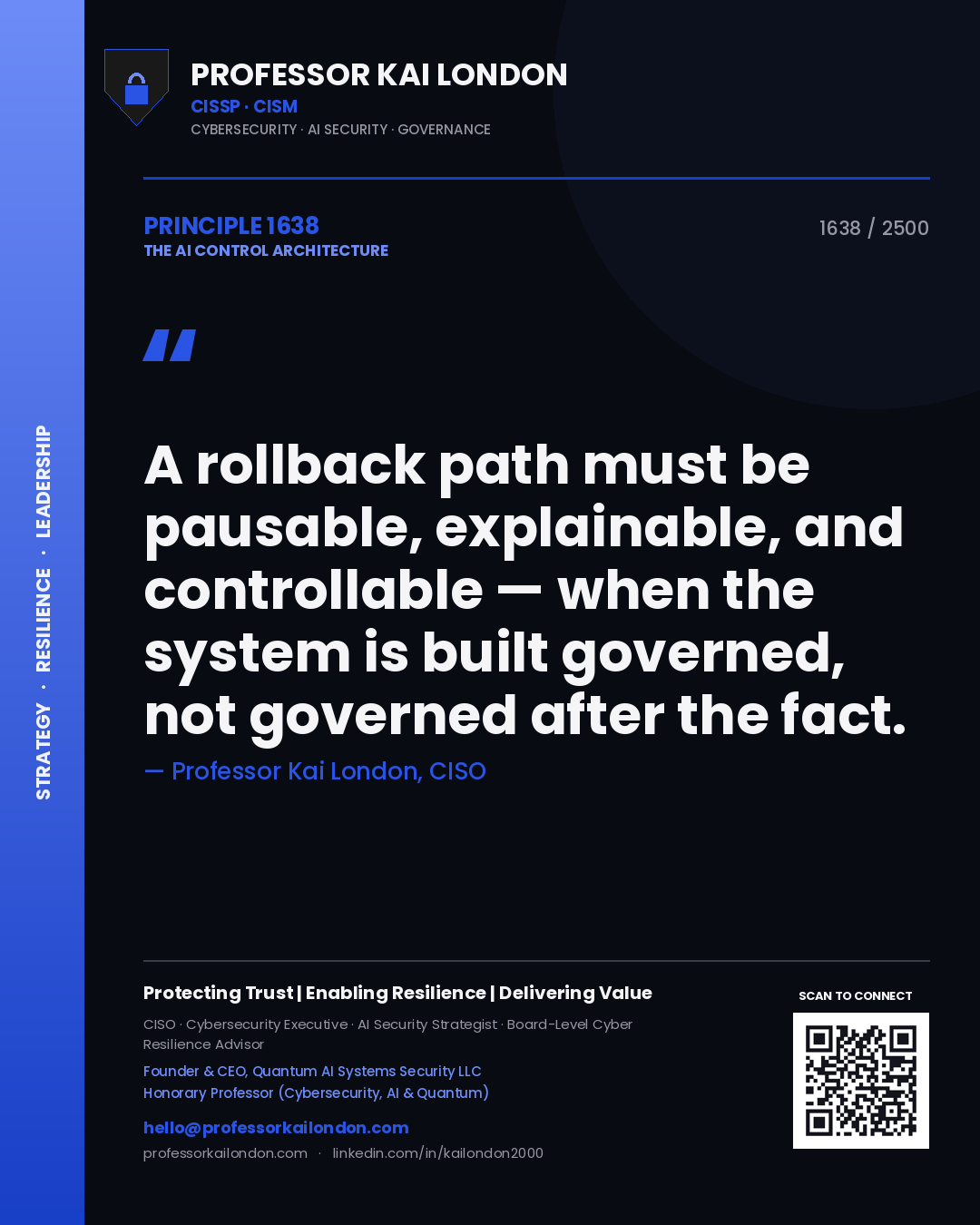Professor Kai London principle 1638: A rollback path must be pausable, explainable, and controllable — when the system is built governed, not governed after the fact.