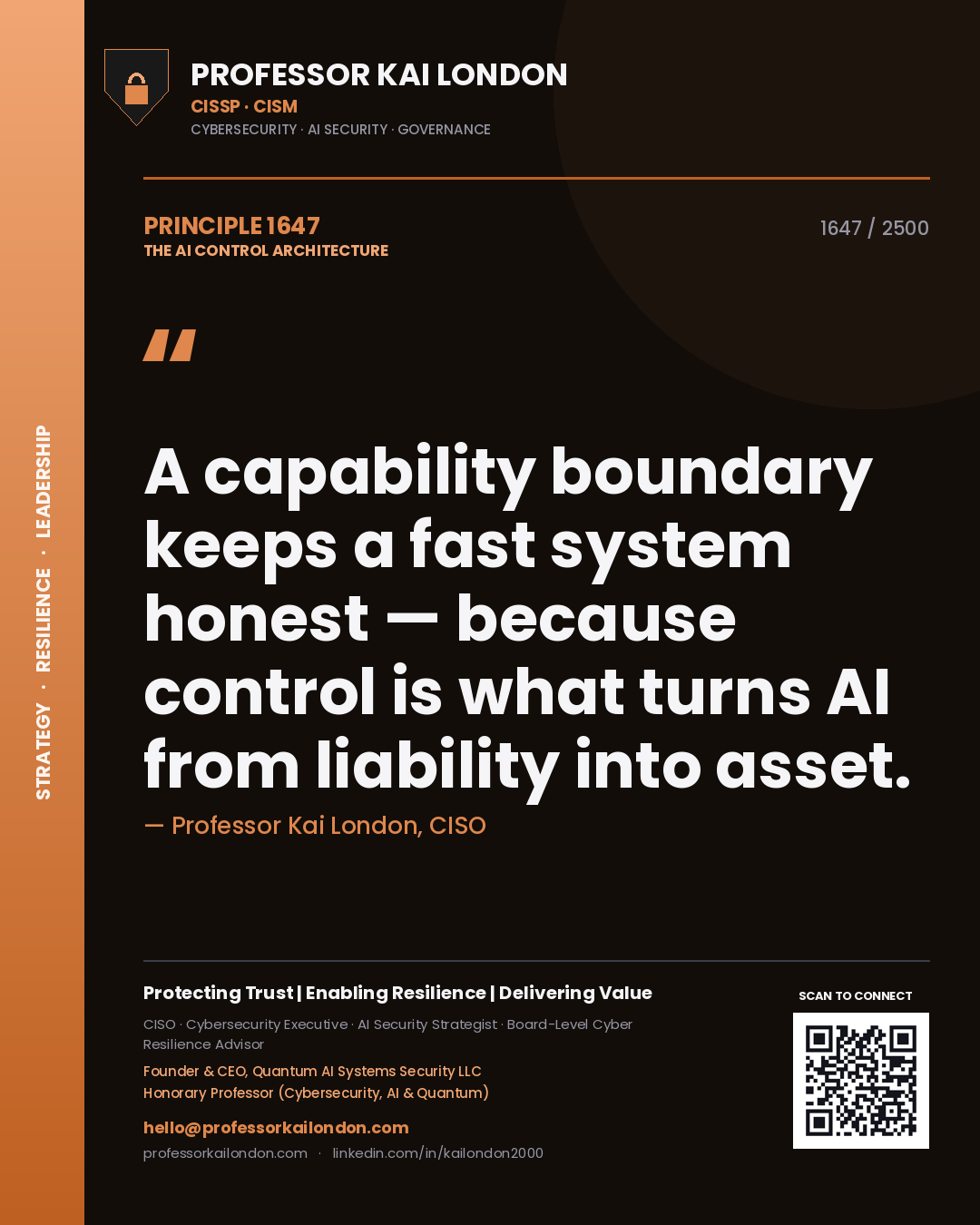 Professor Kai London principle 1647: A capability boundary keeps a fast system honest — because control is what turns AI from liability into asset.