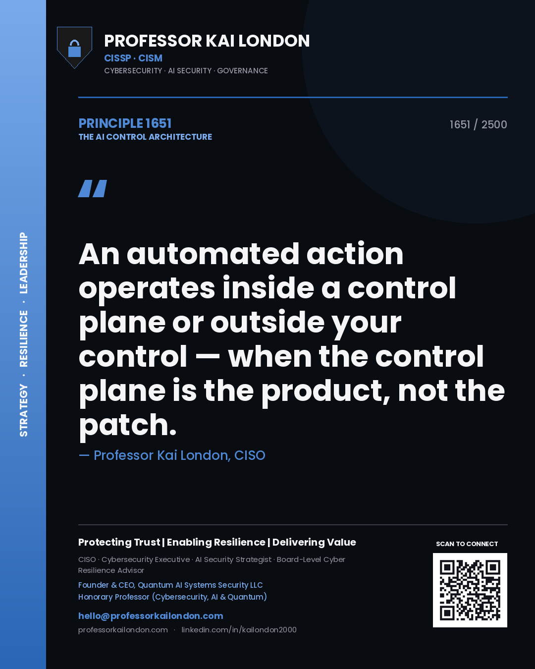 Professor Kai London principle 1651: An automated action operates inside a control plane or outside your control — when the control plane is the product, not the patch.