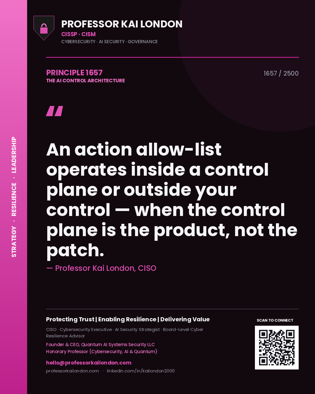 Professor Kai London principle 1657: An action allow-list operates inside a control plane or outside your control — when the control plane is the product, not the patch.