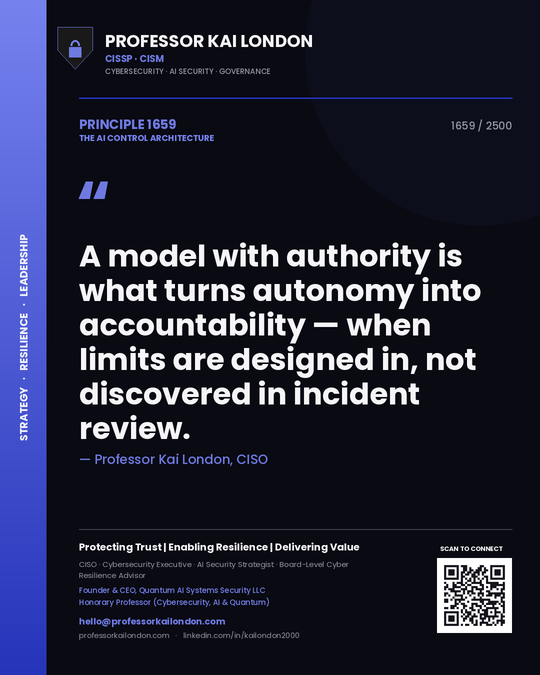 Professor Kai London principle 1659: A model with authority is what turns autonomy into accountability — when limits are designed in, not discovered in incident review.