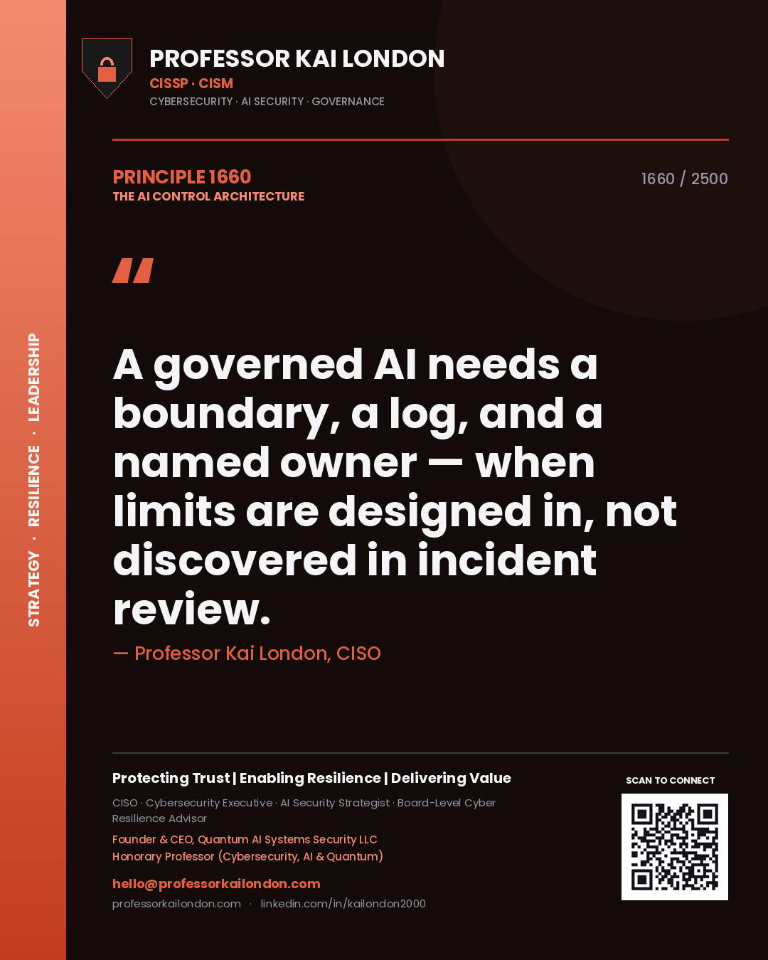 Professor Kai London principle 1660: A governed AI needs a boundary, a log, and a named owner — when limits are designed in, not discovered in incident review.