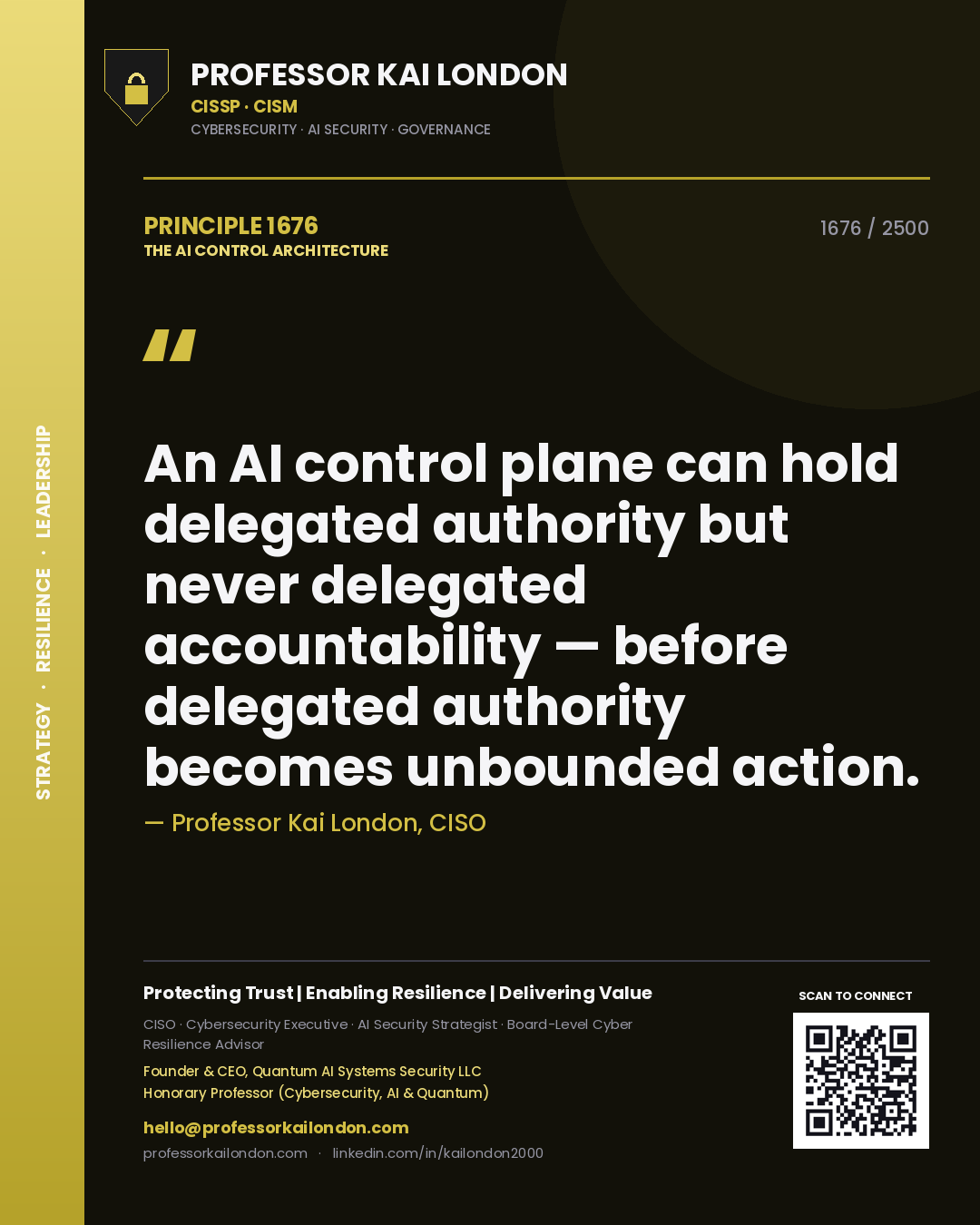 Professor Kai London principle 1676: An AI control plane can hold delegated authority but never delegated accountability — before delegated authority becomes unbounded action.