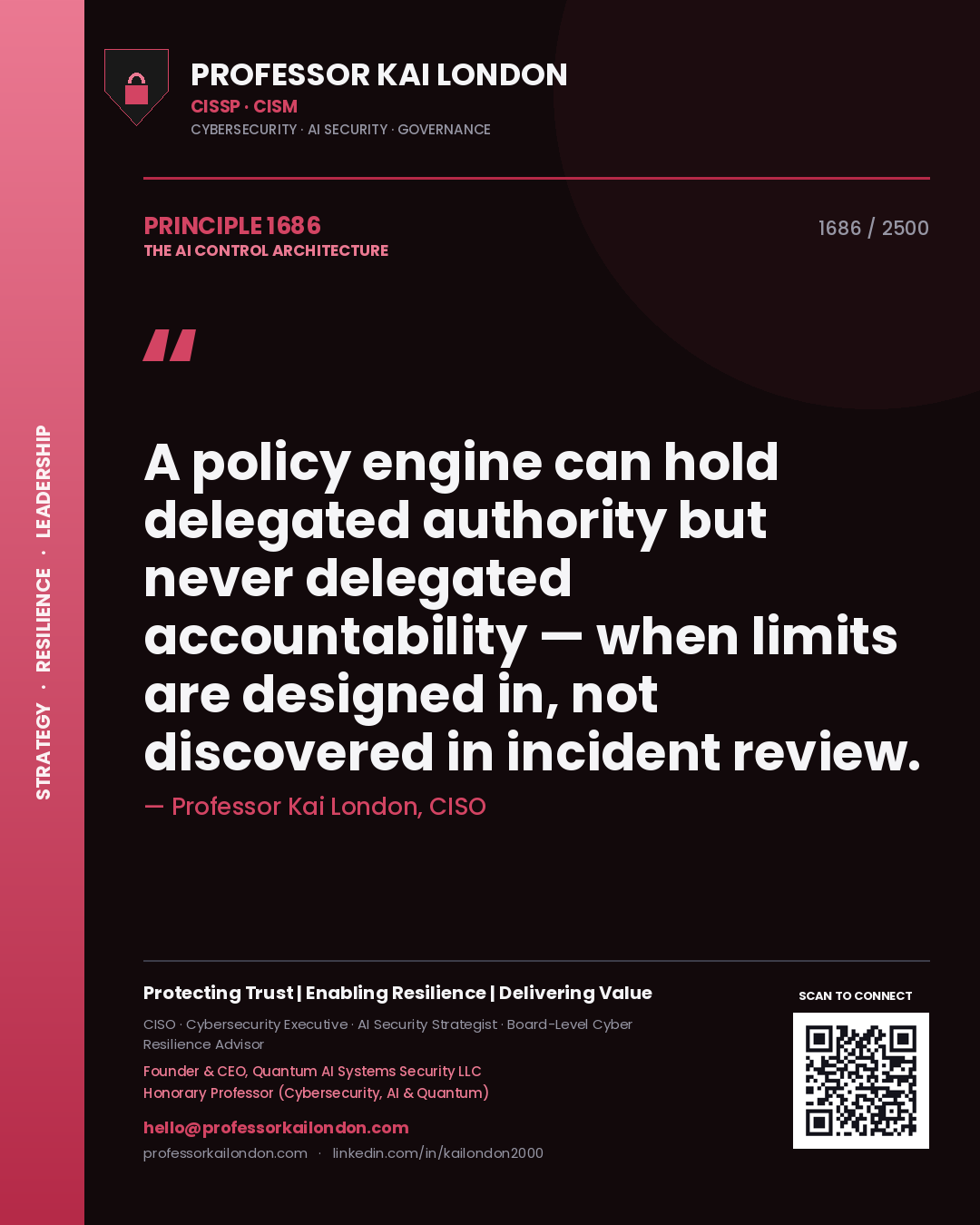 Professor Kai London principle 1686: A policy engine can hold delegated authority but never delegated accountability — when limits are designed in, not discovered in incident review.