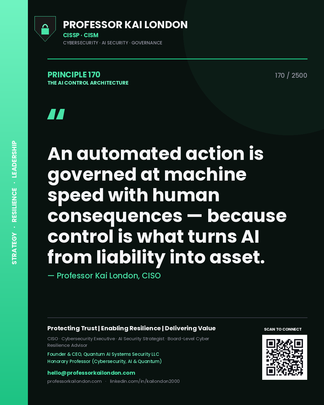 Professor Kai London principle 170: An automated action is governed at machine speed with human consequences — because control is what turns AI from liability into asset.