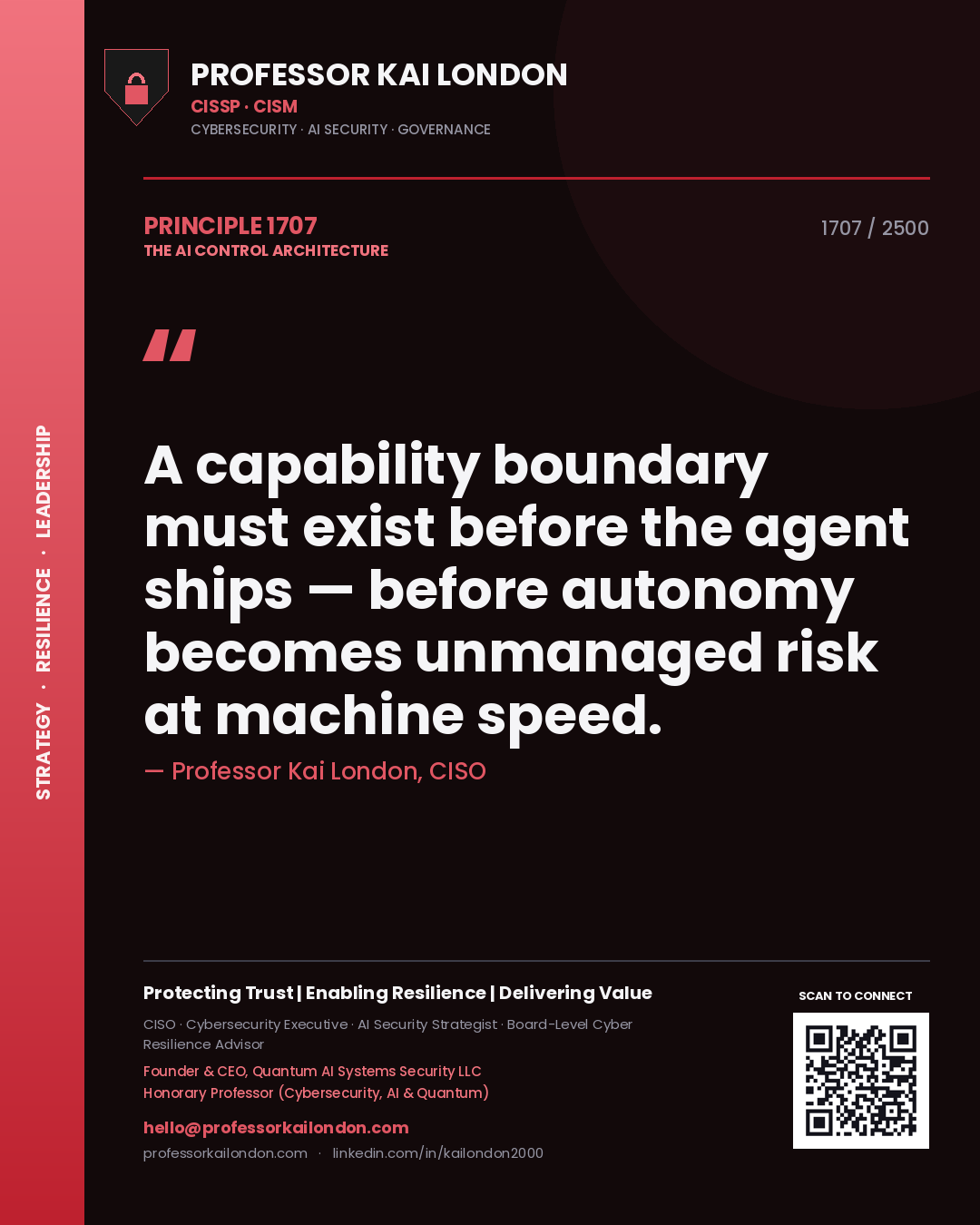 Professor Kai London principle 1707: A capability boundary must exist before the agent ships — before autonomy becomes unmanaged risk at machine speed.