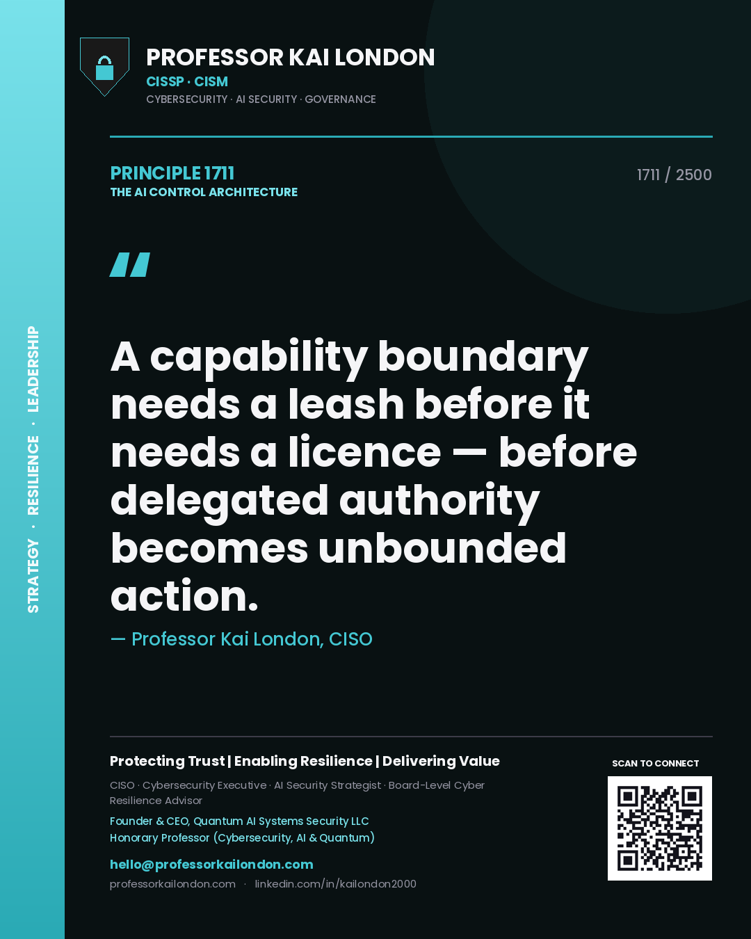 Professor Kai London principle 1711: A capability boundary needs a leash before it needs a licence — before delegated authority becomes unbounded action.