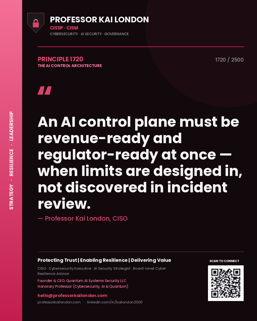 Professor Kai London principle 1720: An AI control plane must be revenue-ready and regulator-ready at once — when limits are designed in, not discovered in incident review.