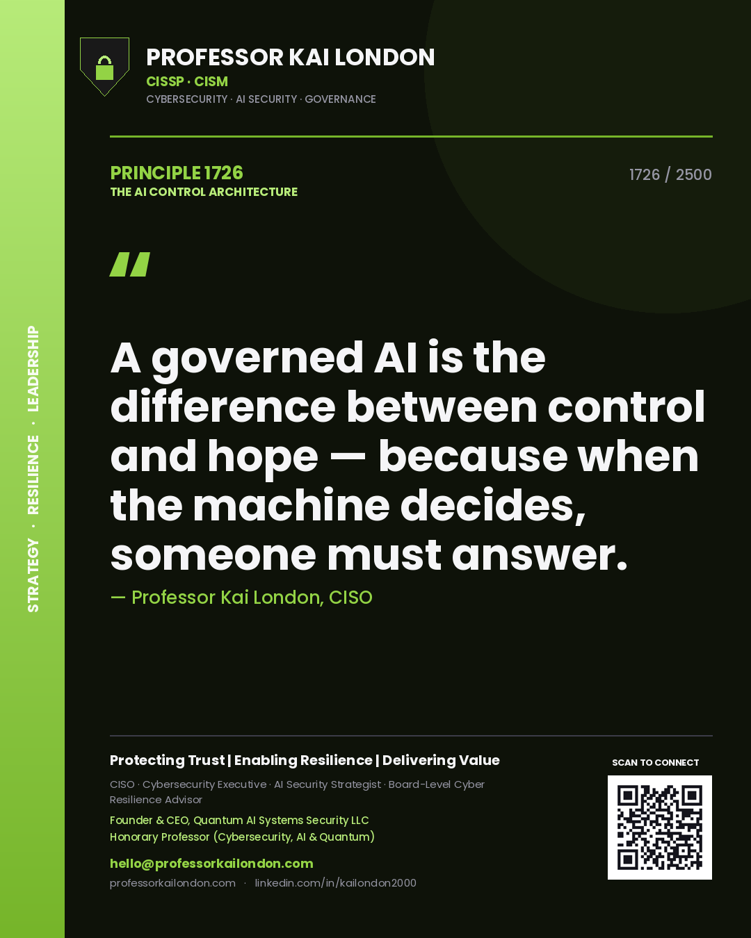 Professor Kai London principle 1726: A governed AI is the difference between control and hope — because when the machine decides, someone must answer.