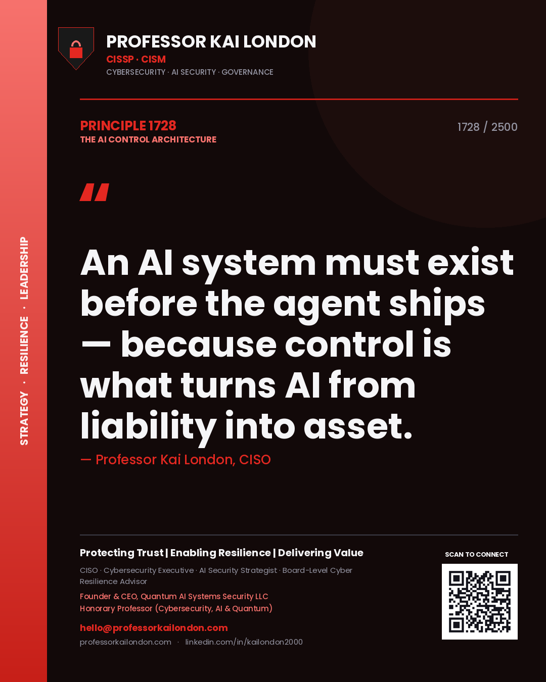 Professor Kai London principle 1728: An AI system must exist before the agent ships — because control is what turns AI from liability into asset.