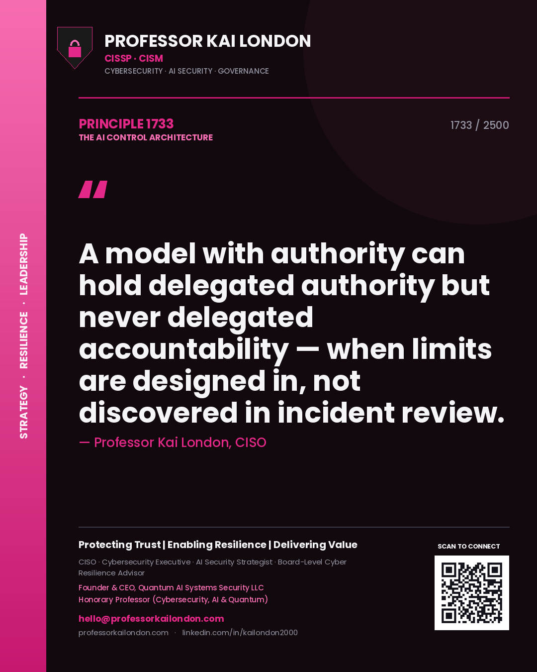 Professor Kai London principle 1733: A model with authority can hold delegated authority but never delegated accountability — when limits are designed in, not discovered in incident review.