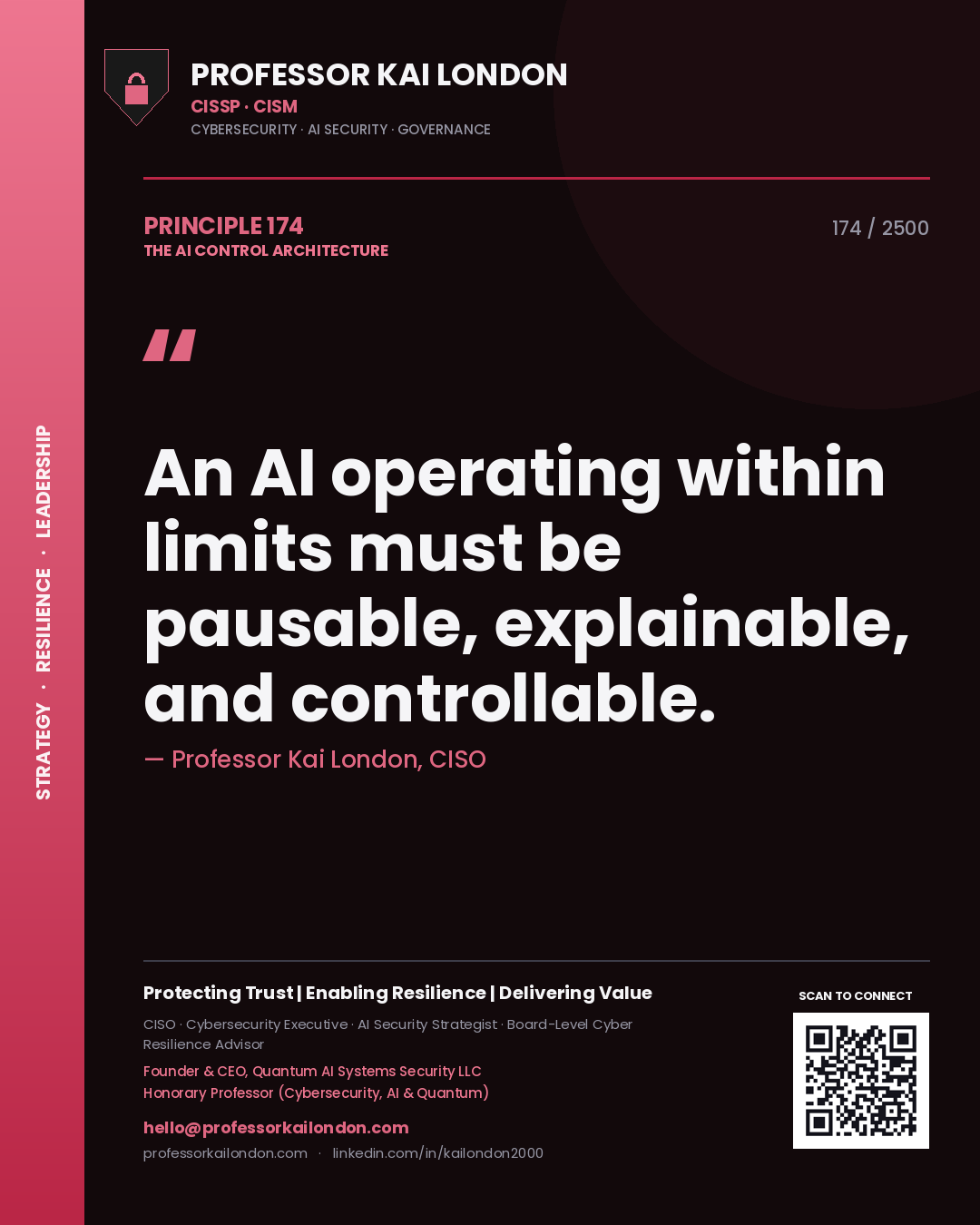 Professor Kai London principle 174: An AI operating within limits must be pausable, explainable, and controllable.