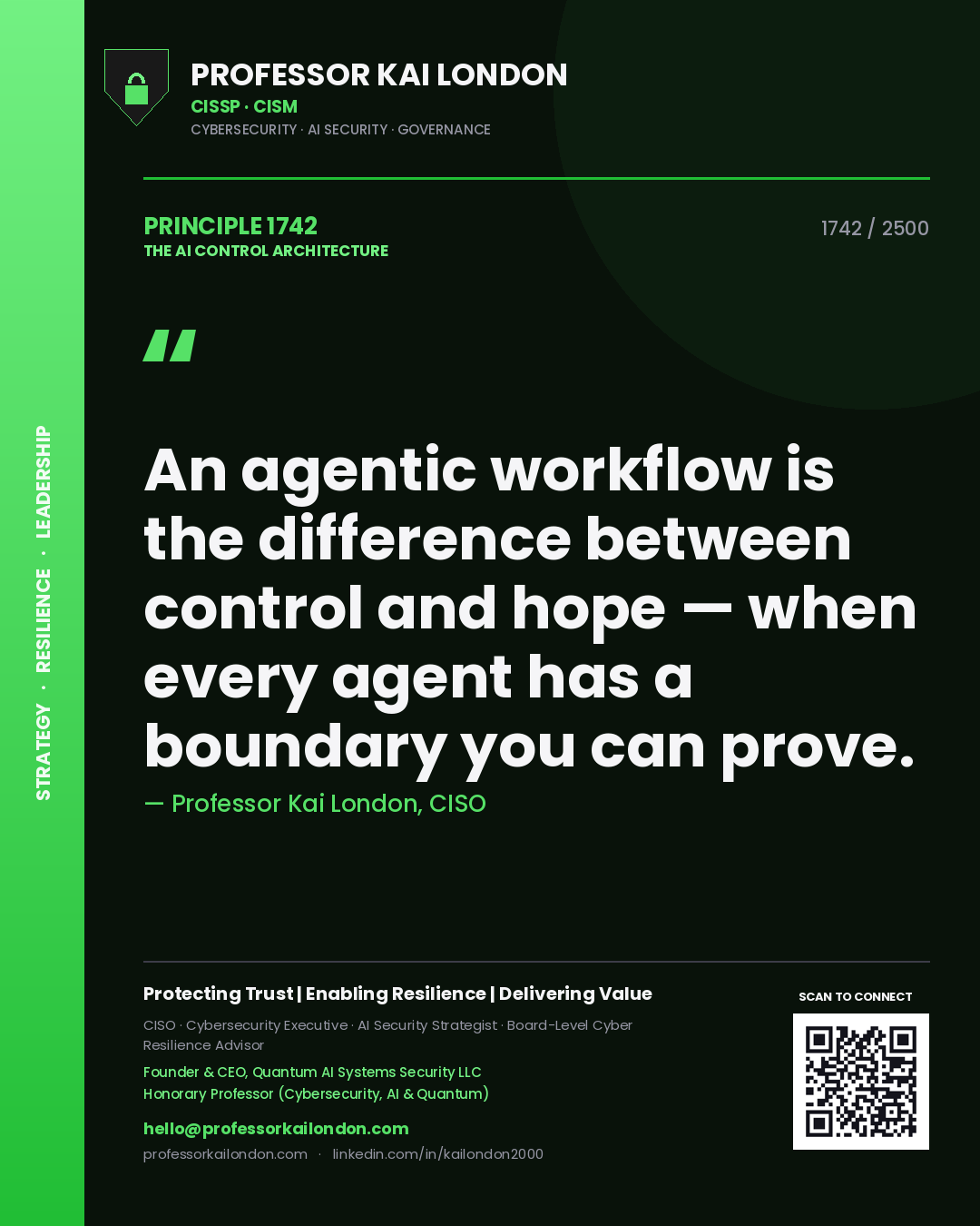 Professor Kai London principle 1742: An agentic workflow is the difference between control and hope — when every agent has a boundary you can prove.