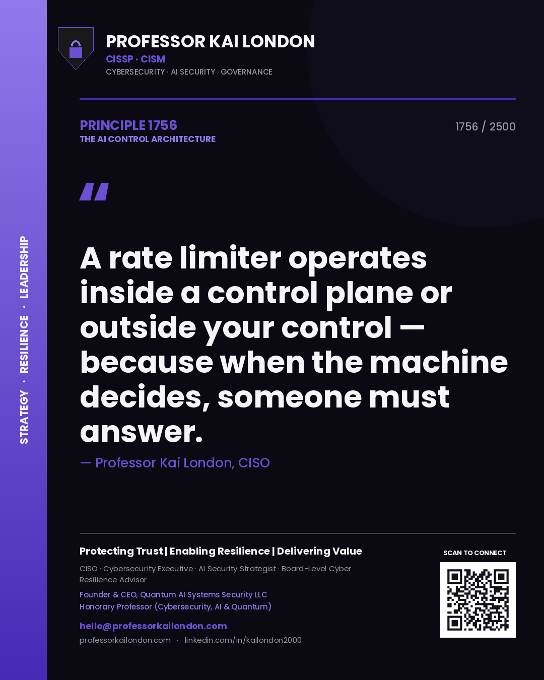 Professor Kai London principle 1756: A rate limiter operates inside a control plane or outside your control — because when the machine decides, someone must answer.