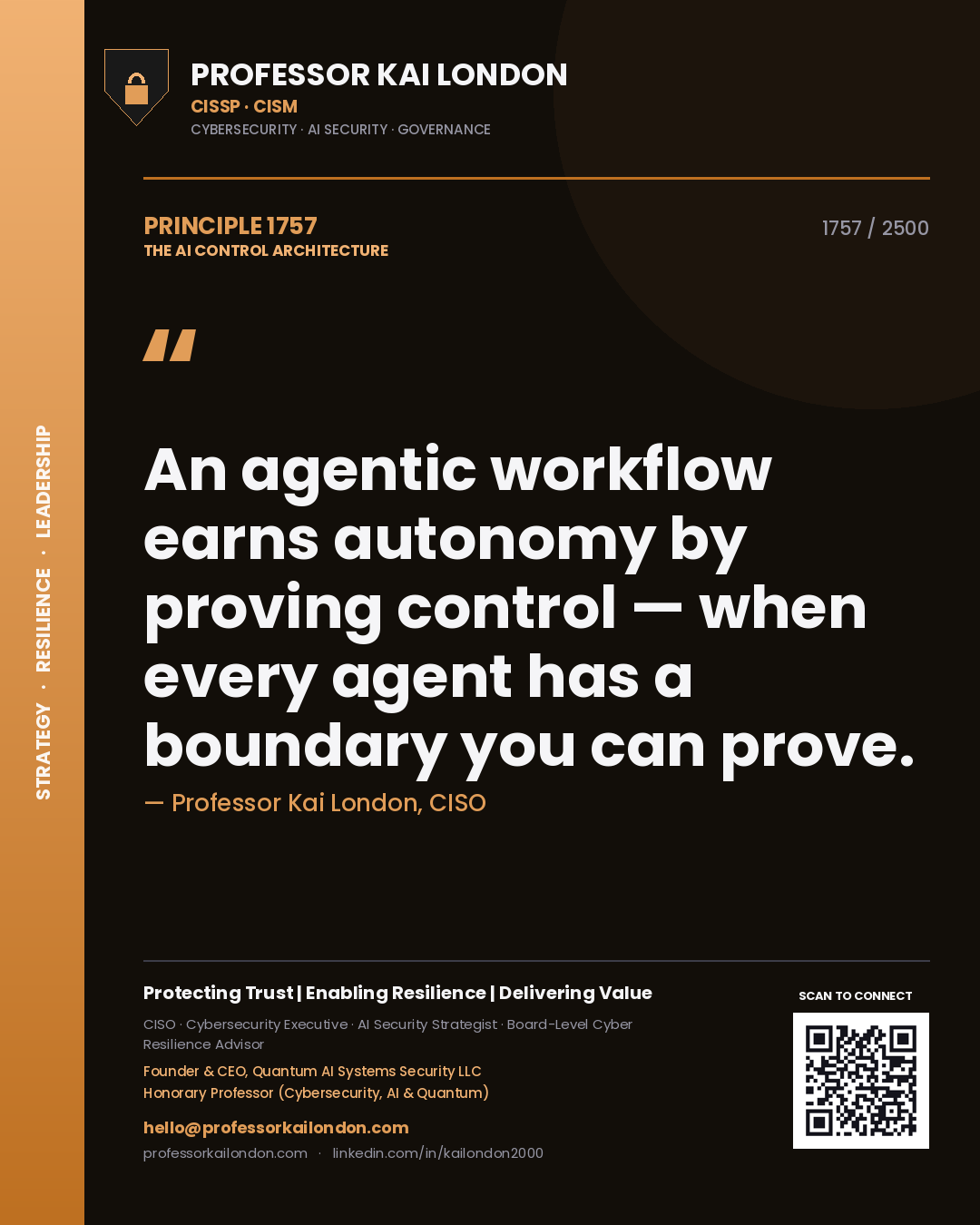 Professor Kai London principle 1757: An agentic workflow earns autonomy by proving control — when every agent has a boundary you can prove.