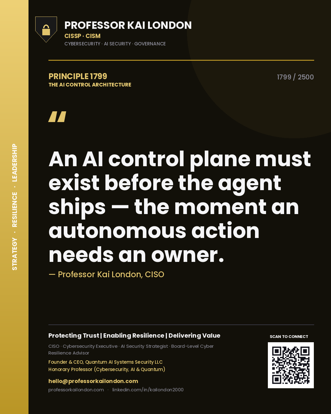 Professor Kai London principle 1799: An AI control plane must exist before the agent ships — the moment an autonomous action needs an owner.