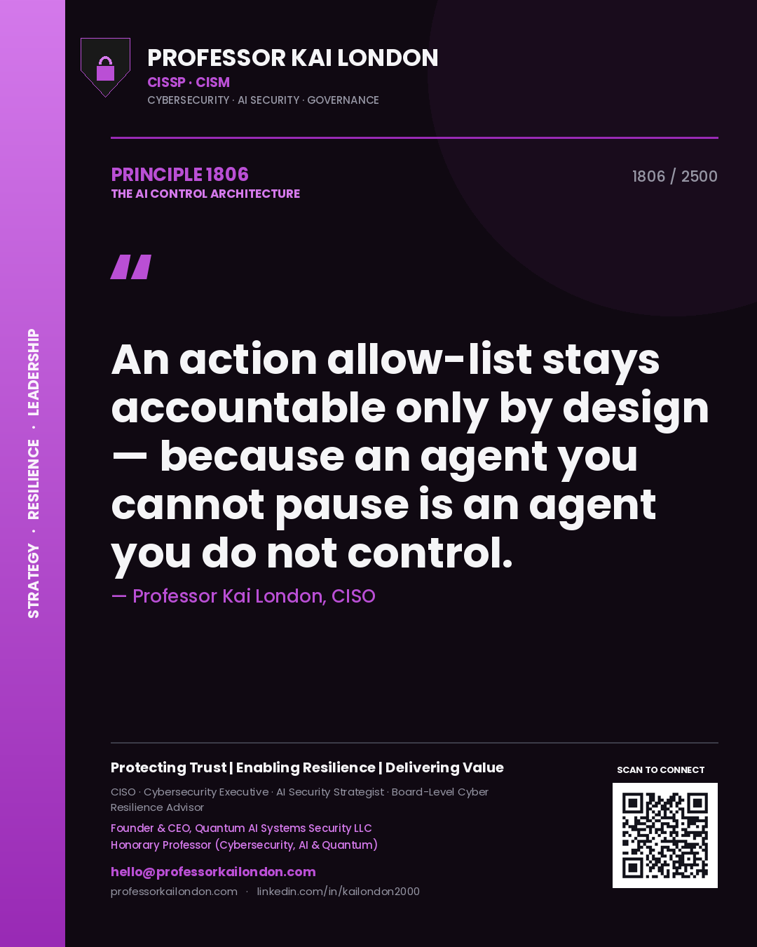 Professor Kai London principle 1806: An action allow-list stays accountable only by design — because an agent you cannot pause is an agent you do not control.