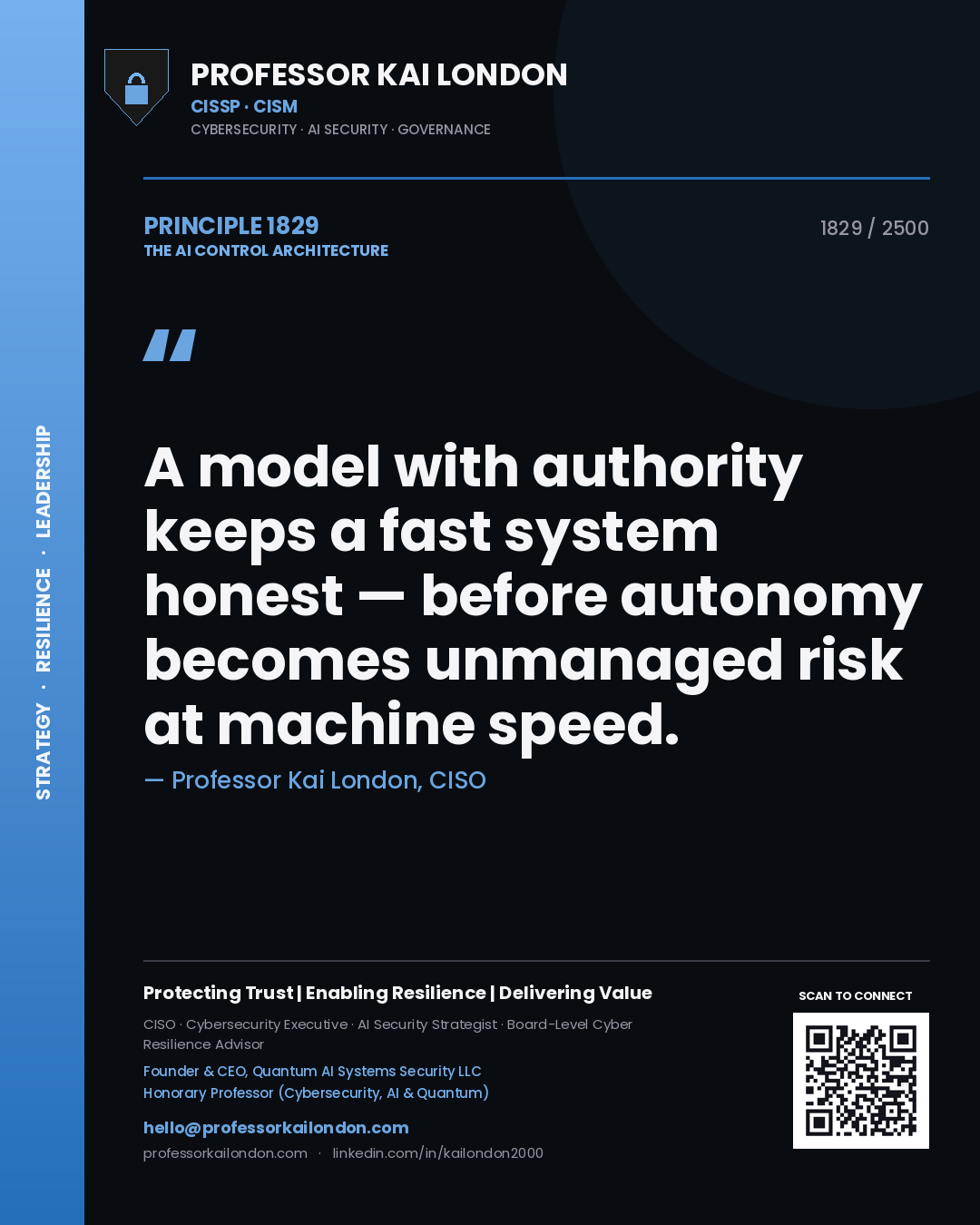 Professor Kai London principle 1829: A model with authority keeps a fast system honest — before autonomy becomes unmanaged risk at machine speed.