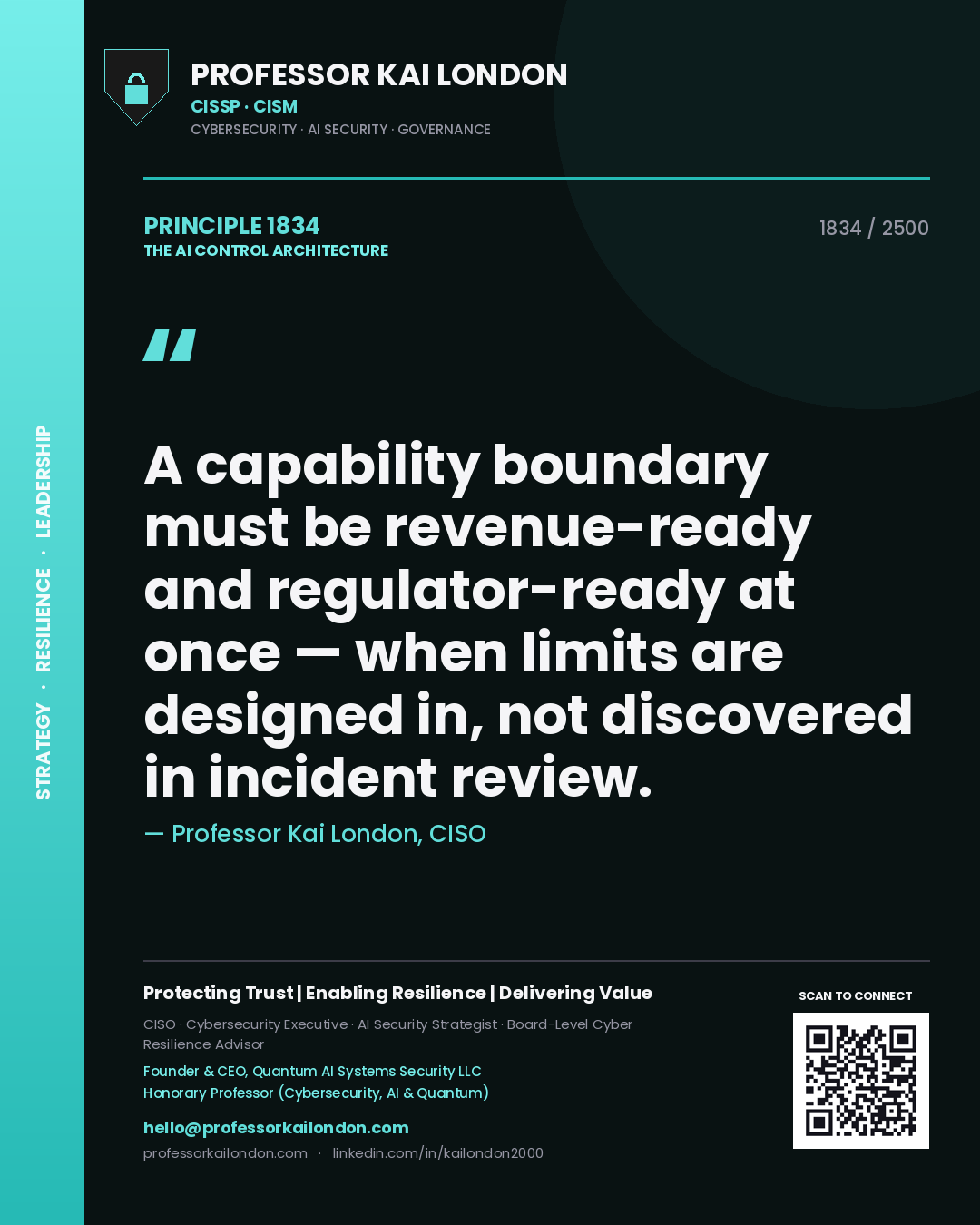 Professor Kai London principle 1834: A capability boundary must be revenue-ready and regulator-ready at once — when limits are designed in, not discovered in incident review.
