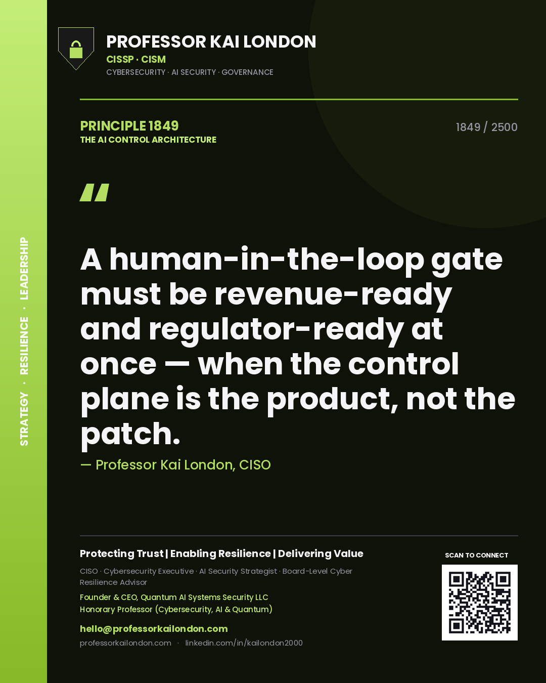 Professor Kai London principle 1849: A human-in-the-loop gate must be revenue-ready and regulator-ready at once — when the control plane is the product, not the patch.
