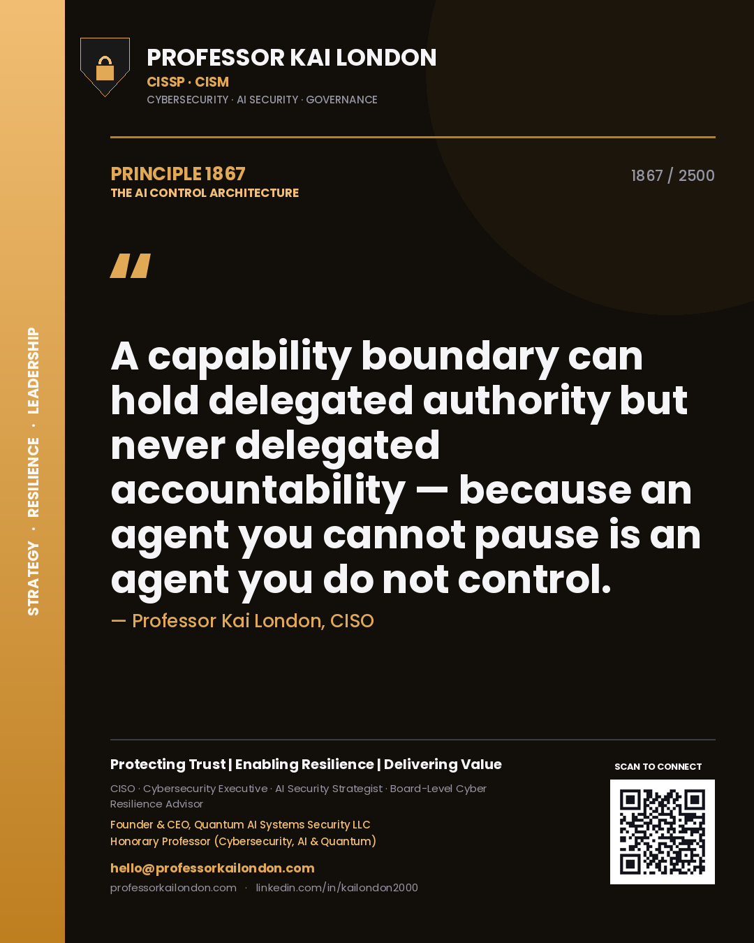 Professor Kai London principle 1867: A capability boundary can hold delegated authority but never delegated accountability — because an agent you cannot pause is an agent you do not control.