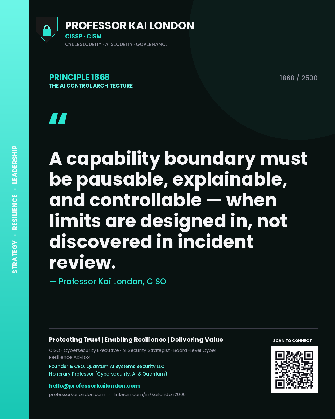 Professor Kai London principle 1868: A capability boundary must be pausable, explainable, and controllable — when limits are designed in, not discovered in incident review.