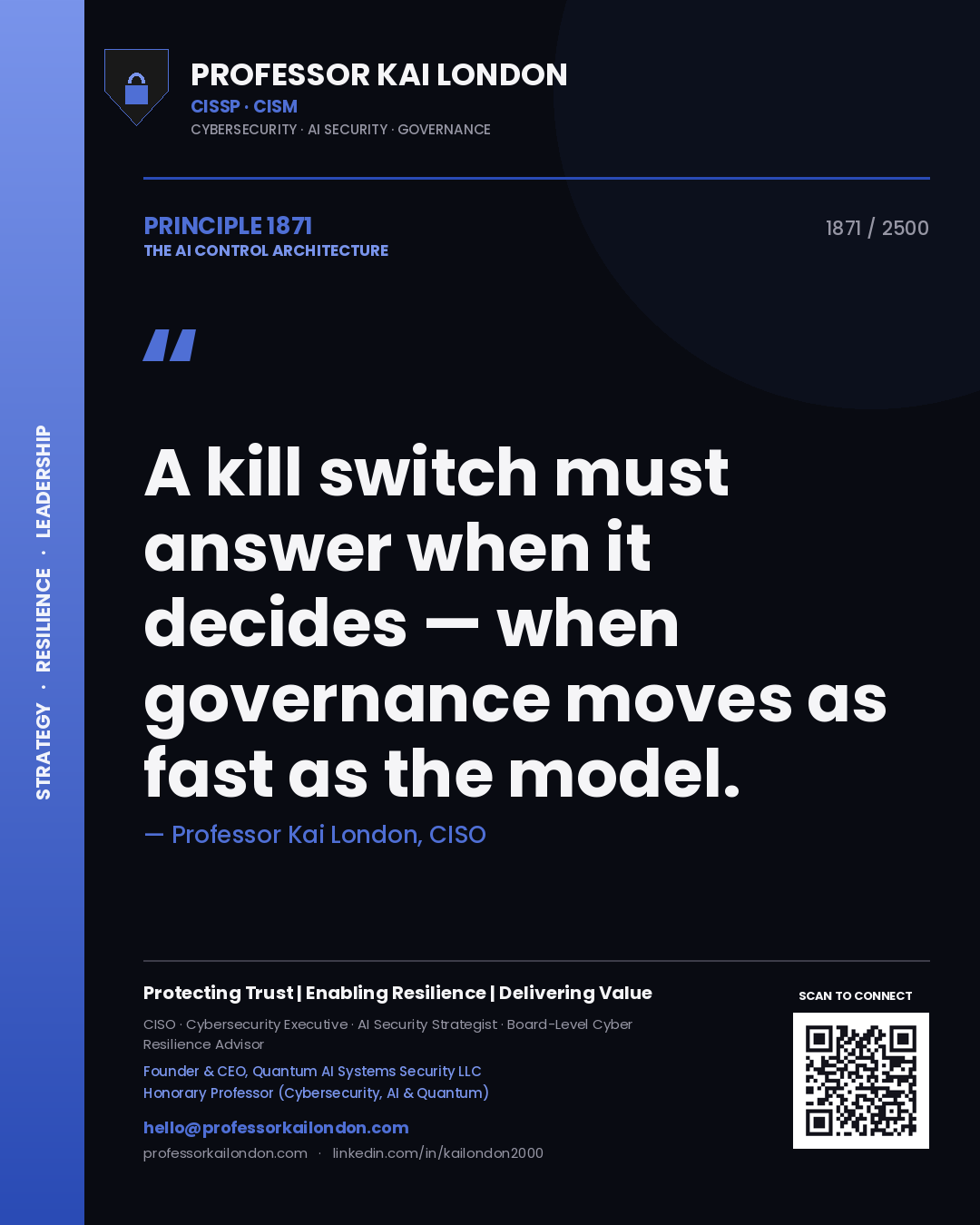 Professor Kai London principle 1871: A kill switch must answer when it decides — when governance moves as fast as the model.