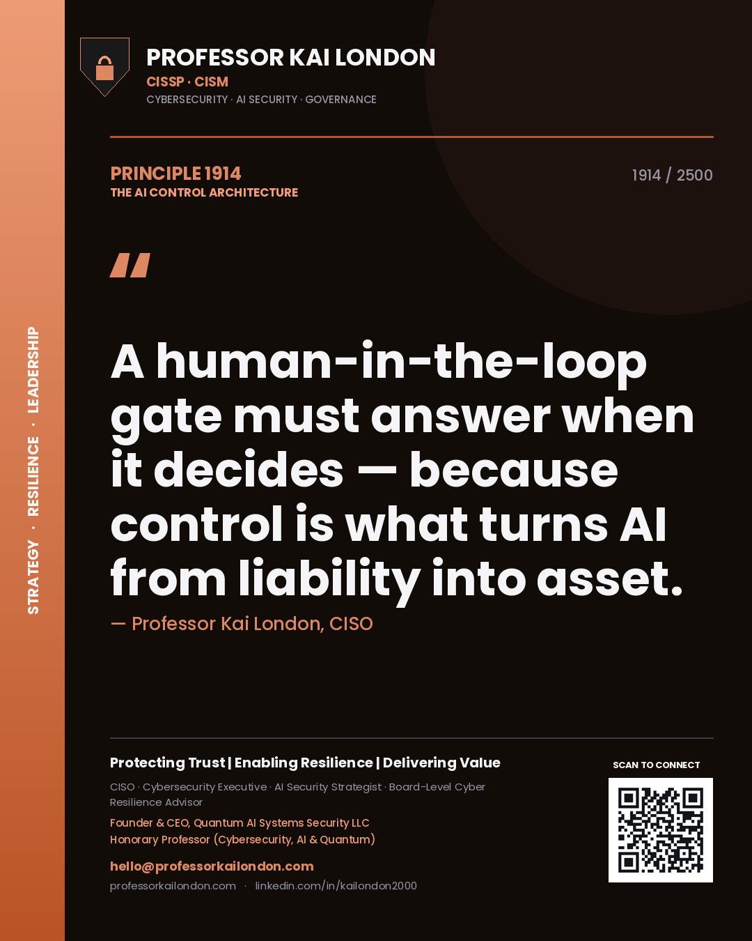 Professor Kai London principle 1914: A human-in-the-loop gate must answer when it decides — because control is what turns AI from liability into asset.