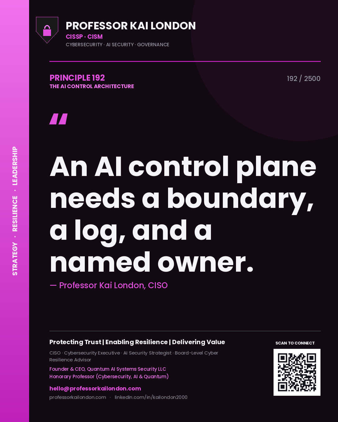 Professor Kai London principle 192: An AI control plane needs a boundary, a log, and a named owner.