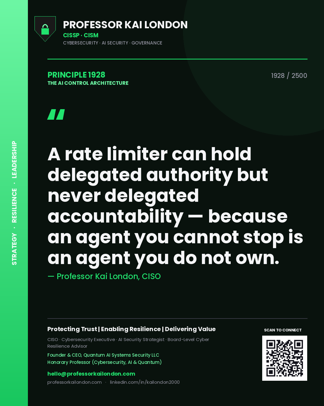 Professor Kai London principle 1928: A rate limiter can hold delegated authority but never delegated accountability — because an agent you cannot stop is an agent you do not own.
