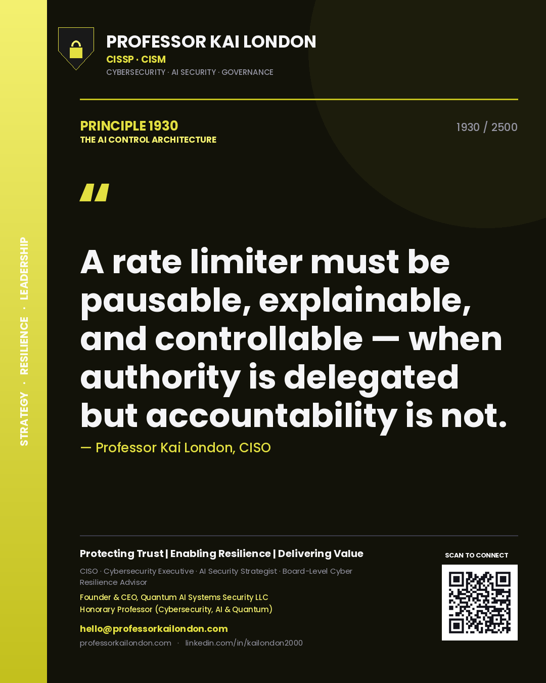 Professor Kai London principle 1930: A rate limiter must be pausable, explainable, and controllable — when authority is delegated but accountability is not.