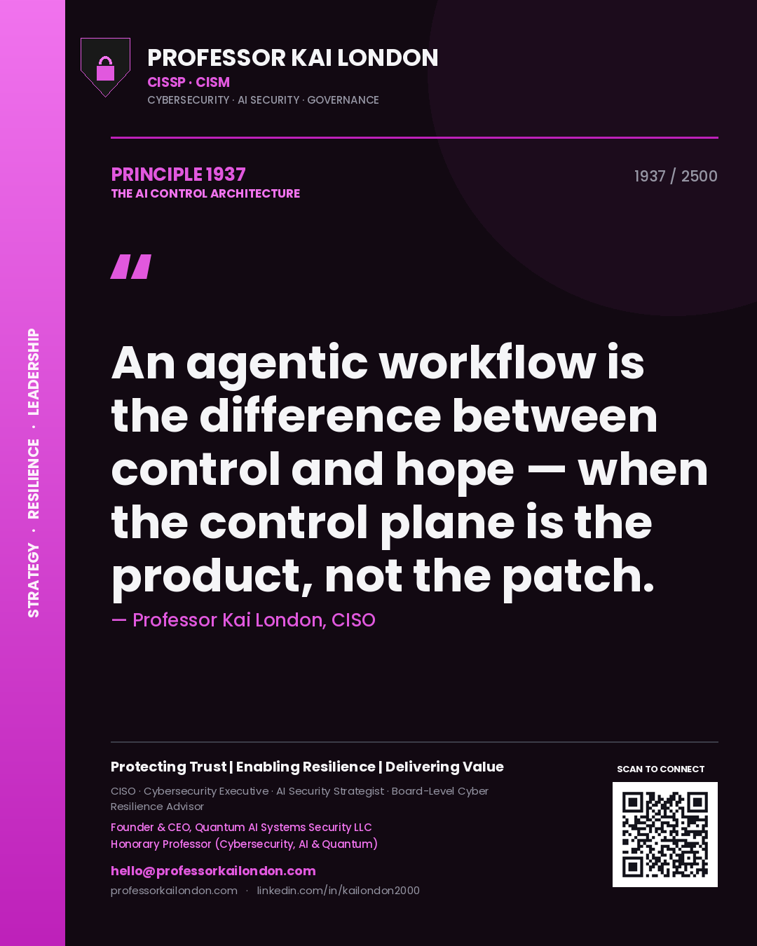 Professor Kai London principle 1937: An agentic workflow is the difference between control and hope — when the control plane is the product, not the patch.