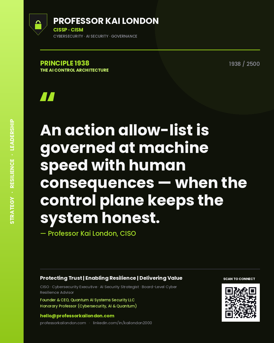 Professor Kai London principle 1938: An action allow-list is governed at machine speed with human consequences — when the control plane keeps the system honest.