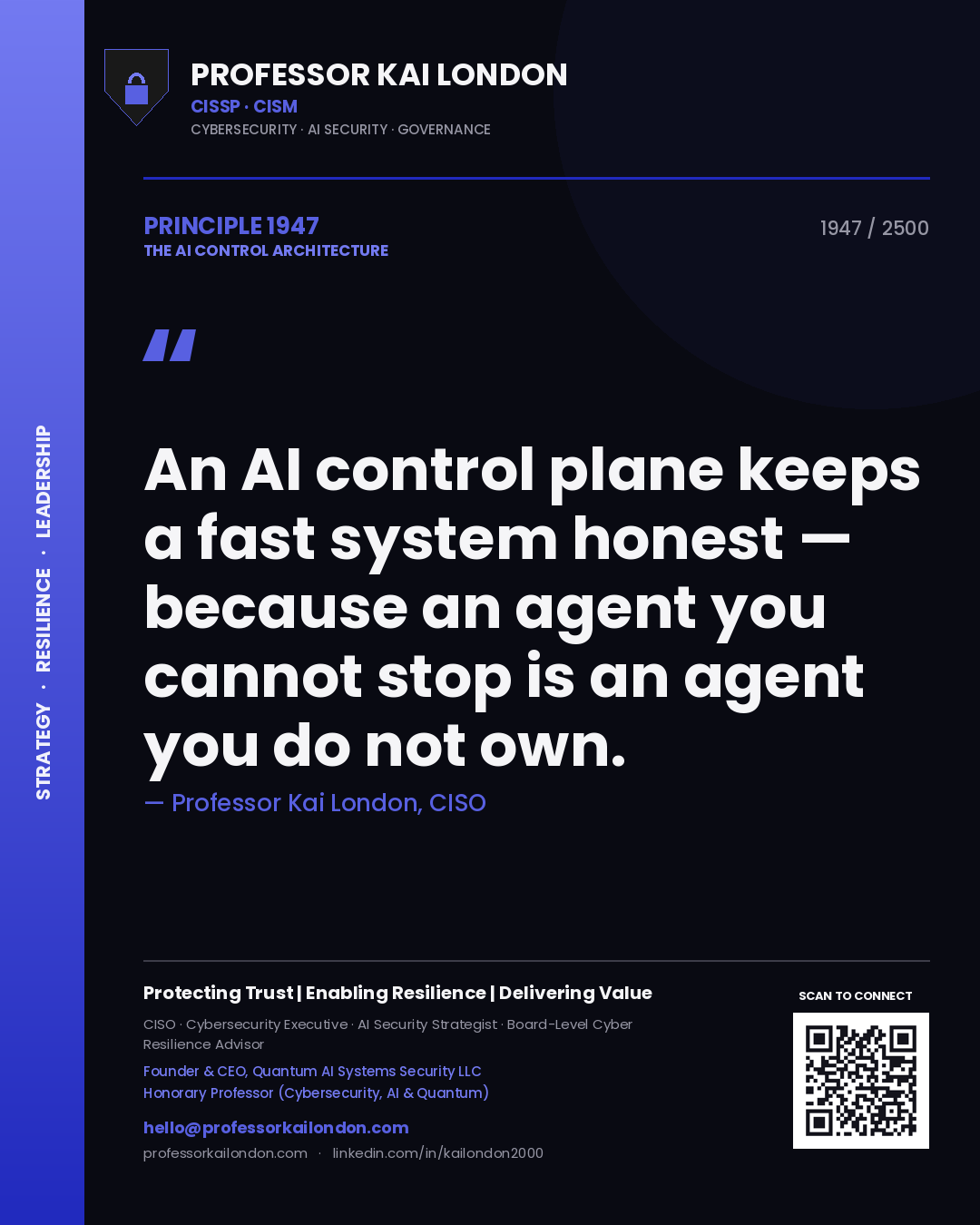 Professor Kai London principle 1947: An AI control plane keeps a fast system honest — because an agent you cannot stop is an agent you do not own.