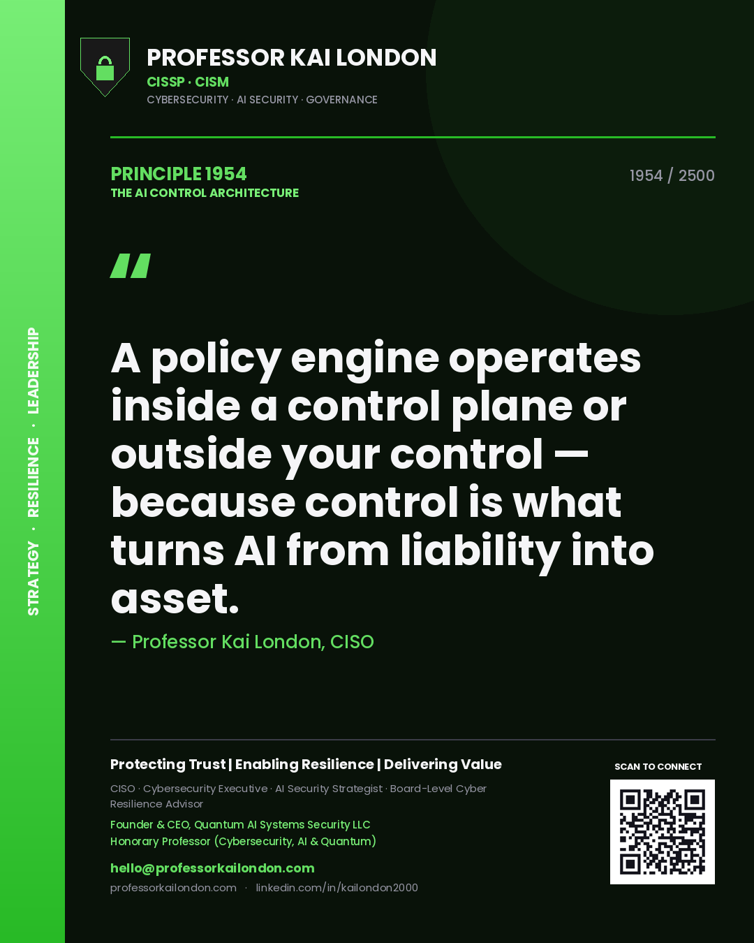 Professor Kai London principle 1954: A policy engine operates inside a control plane or outside your control — because control is what turns AI from liability into asset.
