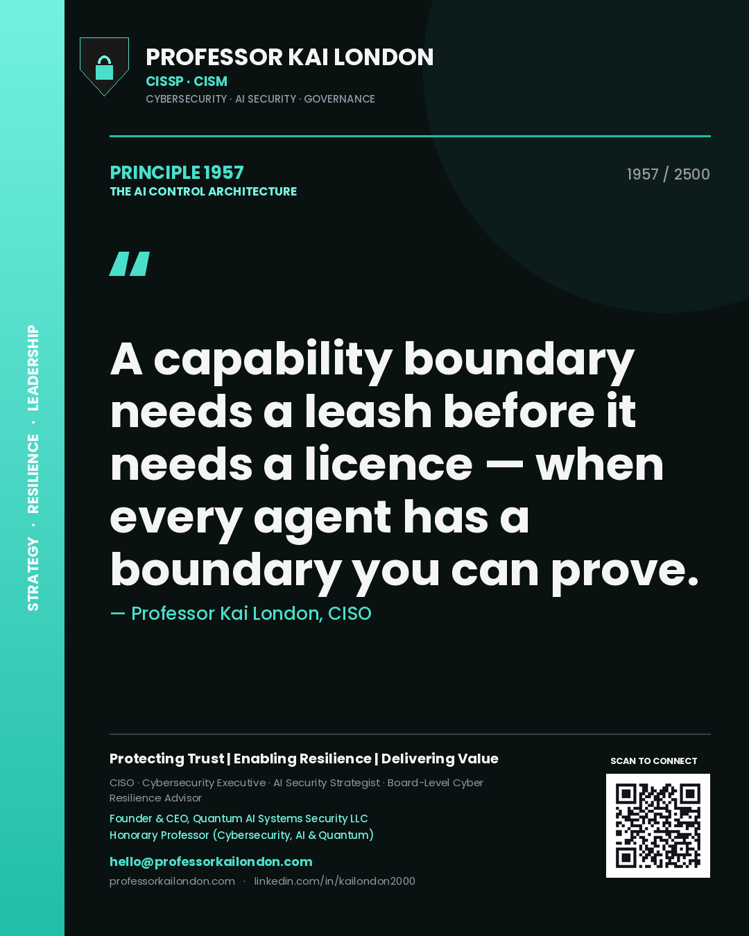 Professor Kai London principle 1957: A capability boundary needs a leash before it needs a licence — when every agent has a boundary you can prove.