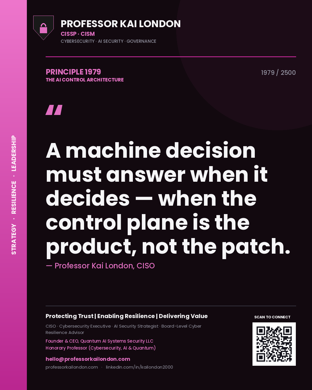 Professor Kai London principle 1979: A machine decision must answer when it decides — when the control plane is the product, not the patch.