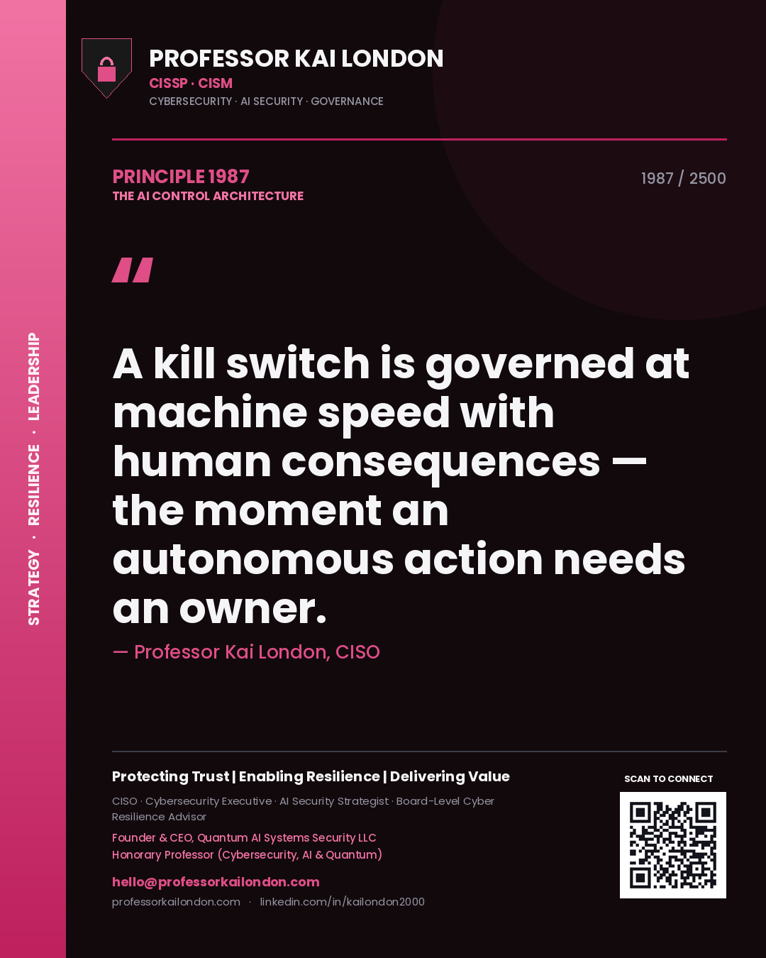 Professor Kai London principle 1987: A kill switch is governed at machine speed with human consequences — the moment an autonomous action needs an owner.