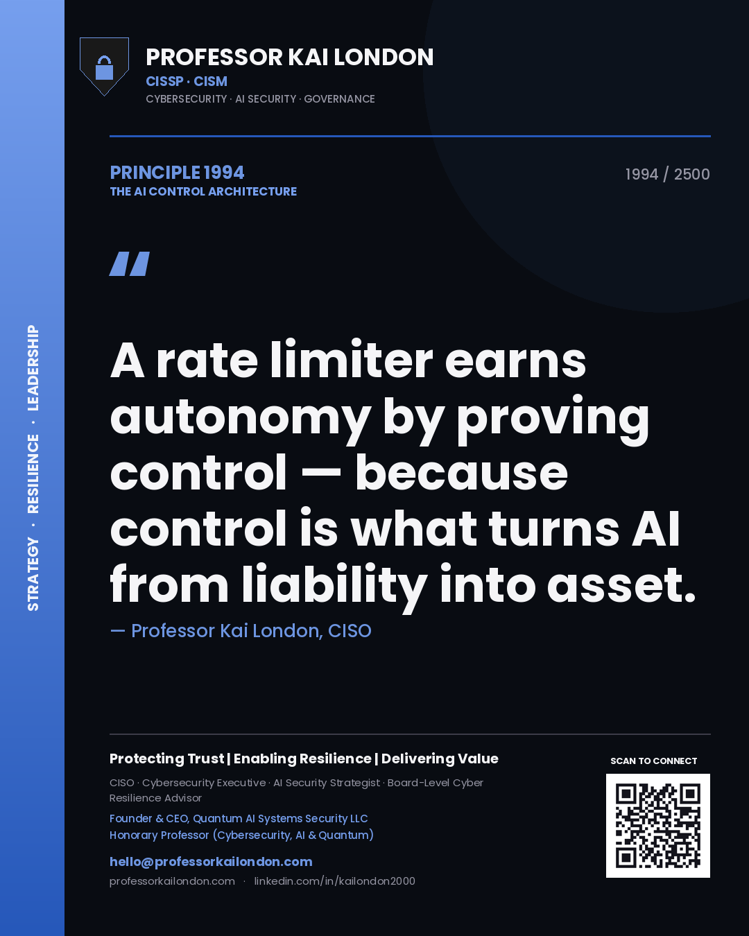 Professor Kai London principle 1994: A rate limiter earns autonomy by proving control — because control is what turns AI from liability into asset.