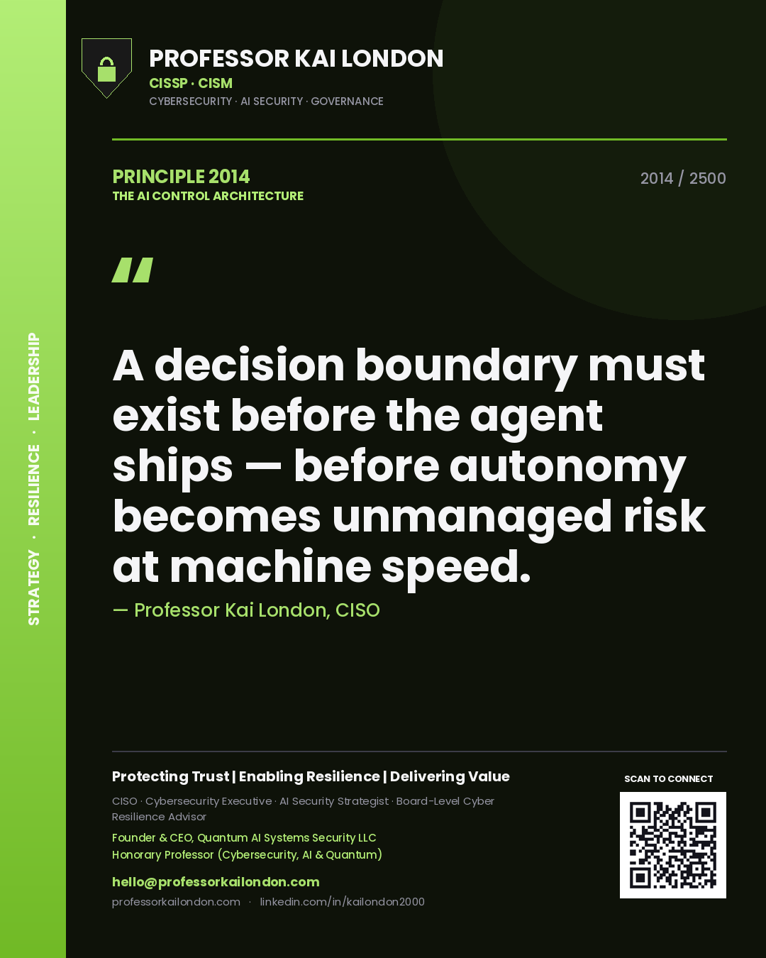 Professor Kai London principle 2014: A decision boundary must exist before the agent ships — before autonomy becomes unmanaged risk at machine speed.