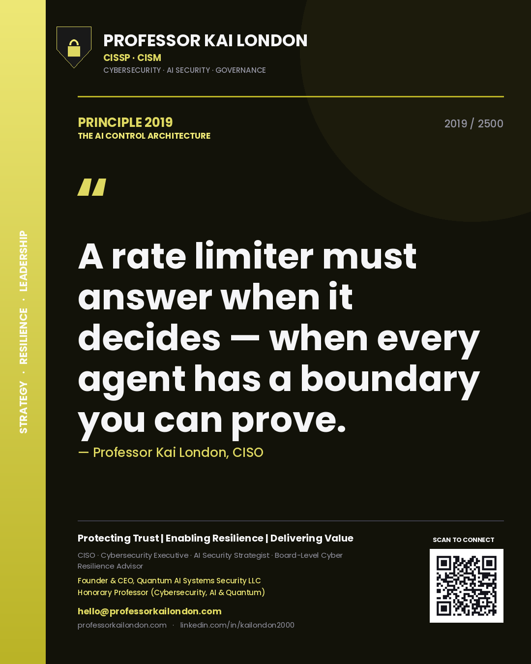 Professor Kai London principle 2019: A rate limiter must answer when it decides — when every agent has a boundary you can prove.