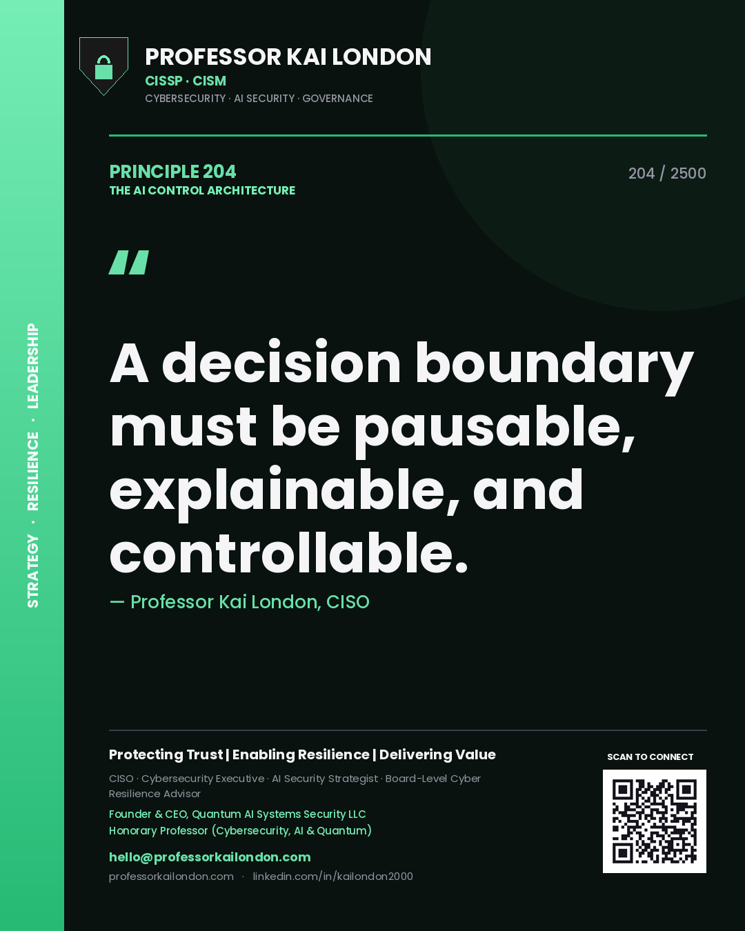 Professor Kai London principle 204: A decision boundary must be pausable, explainable, and controllable.