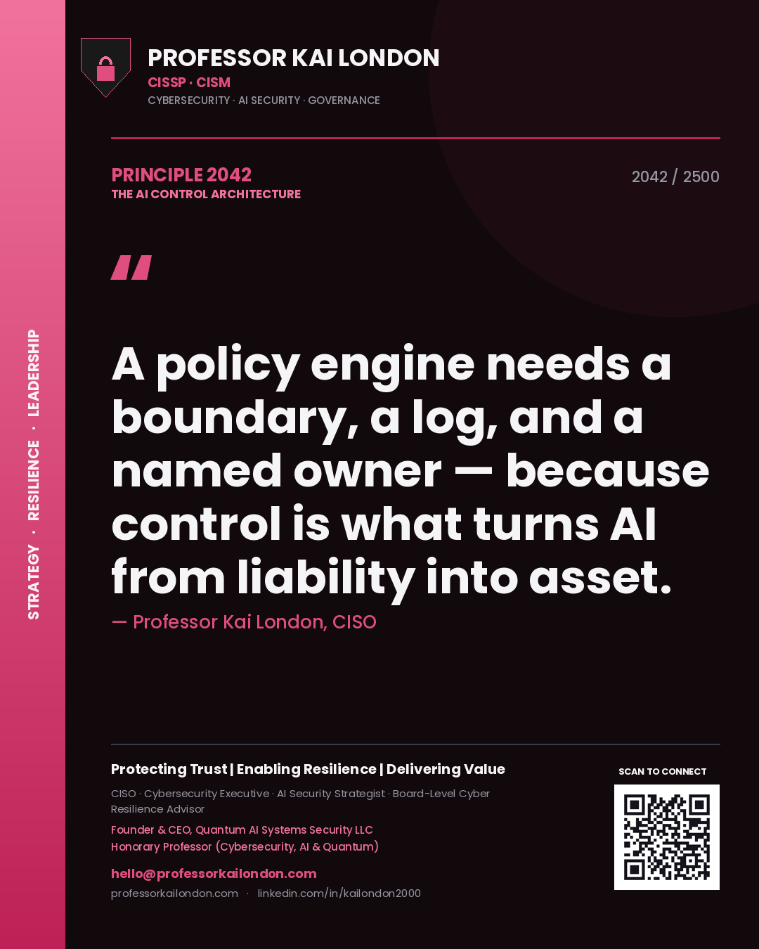 Professor Kai London principle 2042: A policy engine needs a boundary, a log, and a named owner — because control is what turns AI from liability into asset.