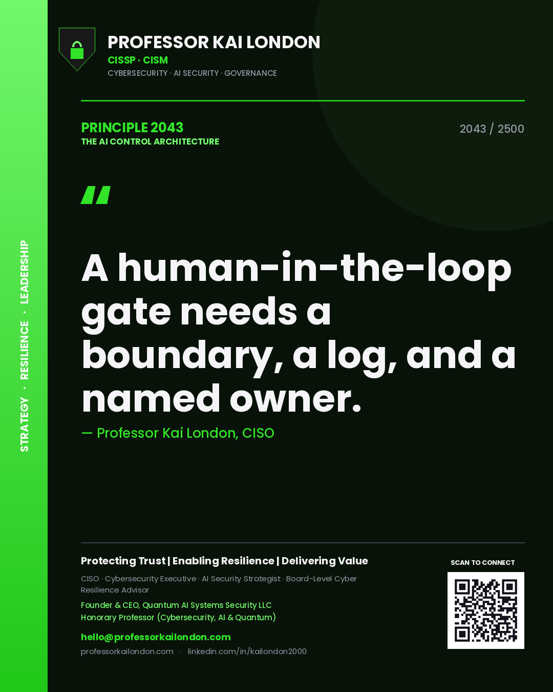 Professor Kai London principle 2043: A human-in-the-loop gate needs a boundary, a log, and a named owner.