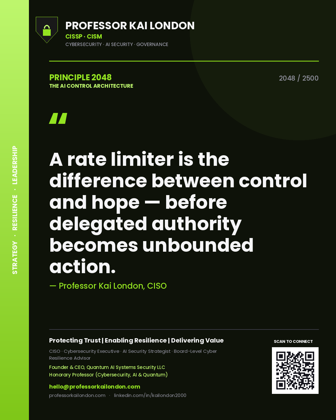 Professor Kai London principle 2048: A rate limiter is the difference between control and hope — before delegated authority becomes unbounded action.