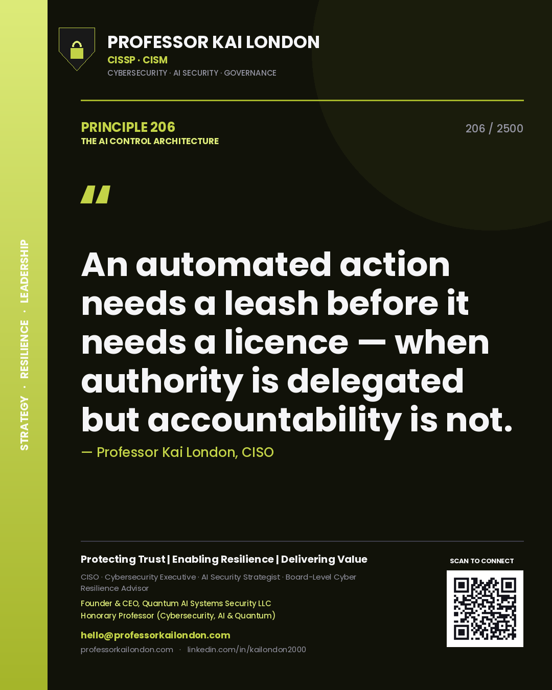 Professor Kai London principle 206: An automated action needs a leash before it needs a licence — when authority is delegated but accountability is not.