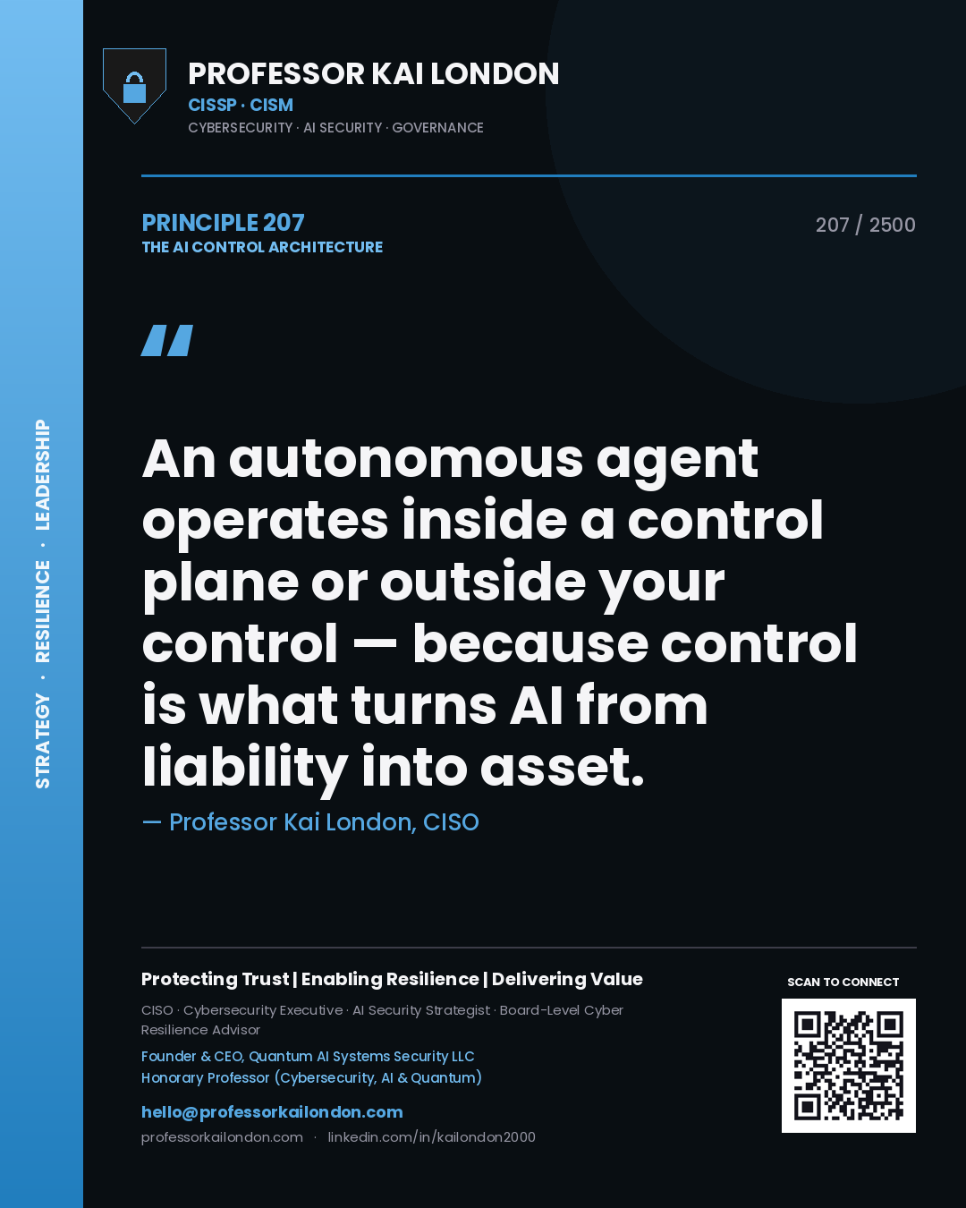Professor Kai London principle 207: An autonomous agent operates inside a control plane or outside your control — because control is what turns AI from liability into asset.